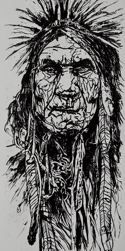 Image similar to a detailed loose wild messy ink sketch portrait of a Native American shaman in the style of Ralph Steadman, caricature, dramatic