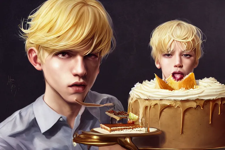 Image similar to Portrait of a Delicate blond male prince Lucius eating the most delicious cake in the world, 4k digital illustration by Artgerm, wlop, James Jean, Andrei Riabovitchev, Marc Simonetti, yoshitaka Amano, Artstation, CGsociety