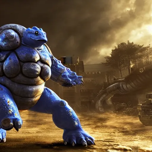 Image similar to Blastoise as Blastoise in gears of war, splash art, movie still, detailed face, photorealistic facial features, cinematic lighting, dramatic, octane render, long lens, shallow depth of field, bokeh, anamorphic lens flare, 8k, hyper detailed, 35mm film grain