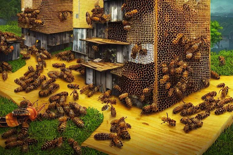 Image similar to favela lobster honeybee hive, wooded environment, industrial factory, whimsically, award winning art, epic dreamlike fantasy landscape, ultra realistic,