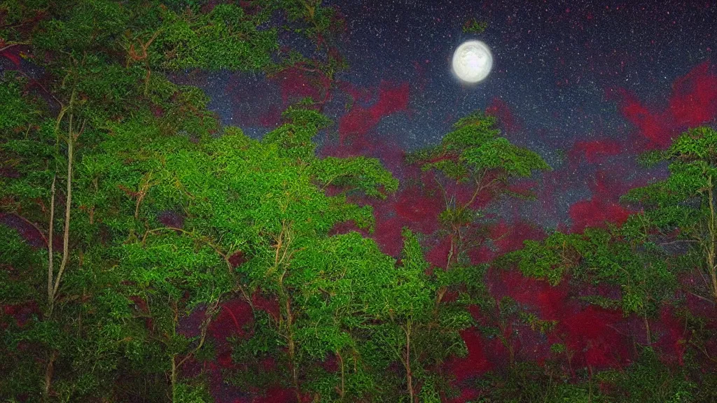 Image similar to 8k ultra realistic night time photography of a mystical cosmic night sky with red smoke and, a perfect big full moon!!!, A glimpse through a small gap in the dark green dense foliage!!!! and overgrowth and the trees!! of the huge full moon over water in a dark sky. wreathed in red smoke!!!, mist, starlight, night-time, volumetric lighting, dark enclosed, cozy, quiet forest night scene, spangled, cosmic