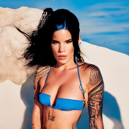 Image similar to halsey in a bikini, realistic 8 k professional photography, midday lighting, defiant, octane, volumetric lighting, 7 0 mm,
