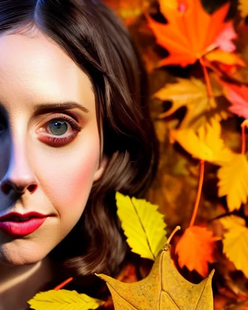 Image similar to gorgeous young Alison Brie, realistic character concept, full body, autumn leaves, orange yellow, medium shot, shorter neck, illustration, symmetrical face and body, realistic eyes, cinematic lighting, detailed realistic symmetrical eyes, symmetrical nose, symmetrical pupils, symmetrical nostrils, face by artgerm, symmetrical nose, high resolution, Joshua Middleton, Charlie Bowater, single face, insanely detailed and intricate, beautiful