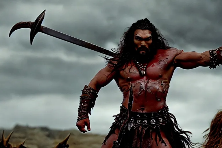 Image similar to film still from conan the barbarian, jason momoa as conan, wearing royal crimson fantasy ornate spartan dragon scale armor, volumetric lighting, wet skin and windblown hair, muscular!!!, battle action pose, ridley scott, high contrast