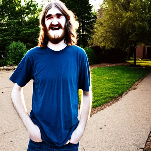 Image similar to bearded long - haired bo burnham outside of his house, smiling and dancing