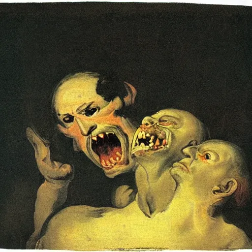 Prompt: saturn devouring his son, painting by francisco goya