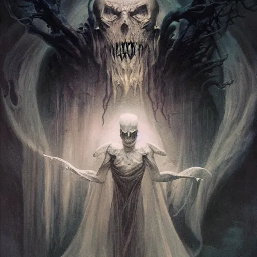 Image similar to head and shoulders portrait of a ghostly spectral wraith, d & d, fantasy, greg rutkowski, frank frazetta, alexandre chaudret, boris vallejo, michael whelan, miro petrov, hr giger, magali villeneuve, donato giancola