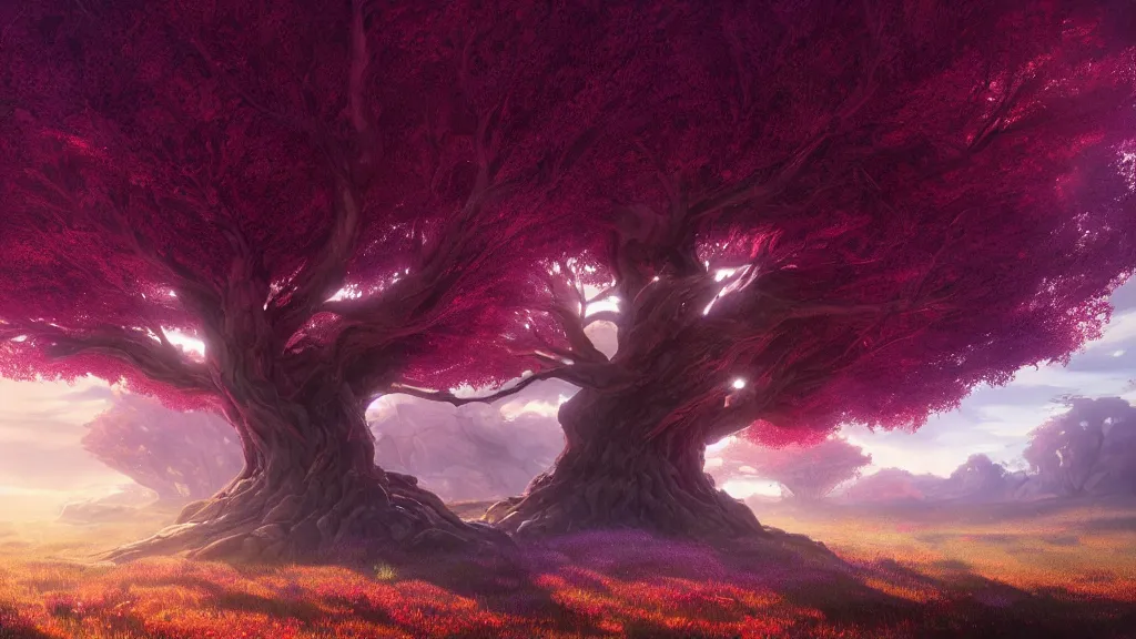 Image similar to giant violet tree overarching red plains, view from the ground, by sylvain sarrailh, rossdraws, ambient light, ultra detailed, fantasy artwork, 8 k, volumetric lighting, trending on artstation, award winning, very beautiful.