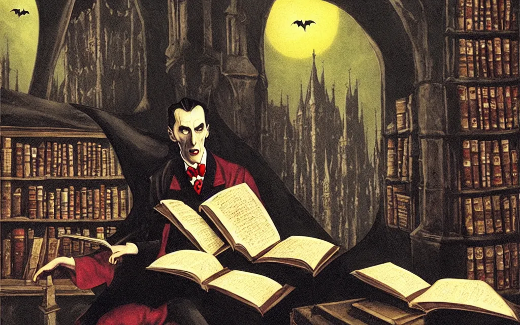 Prompt: enormous library, dracula sits reading a book, bats, gordon browne