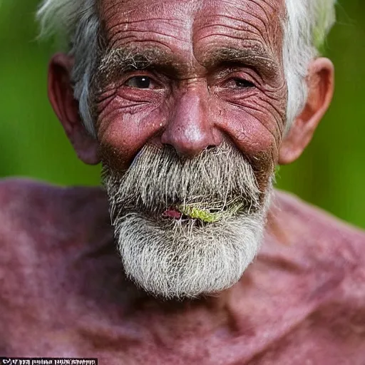 Prompt: an old man who has grown the world\'s longest human teeth, which are two inches long and curling up out of the mouth