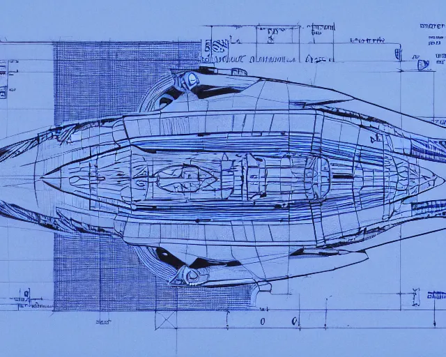 Image similar to blueprint of spaceship, technical drawing on blue paper, intricate detail, centered with clean background, studio lighting, 8 k