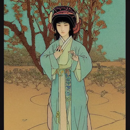 Image similar to a young asian woman with traditional robes walking on the sand in the desert, flowers on her head, fantastic castles in the distance, japanese art, illustration in the style of moebius, miyazaki, alphone mucha,