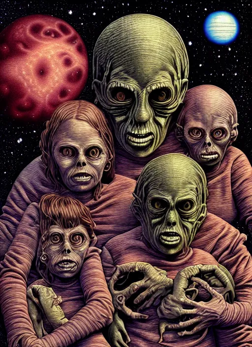 Image similar to detailed image of a creepy family in the deep space by richard corben, rich deep colors. masterpiece . intricate artwork, cinematic, hyper realism, high detail, unreal engine, 8k, Smooth gradients, High contrast, depth of field, fishes eye. full body character drawing, clean ink detailed line drawing, intricate detail, extremely detailed.