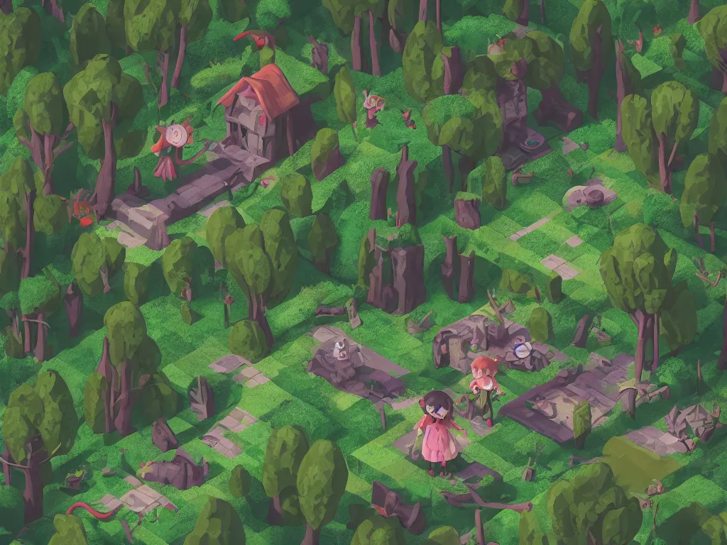 Image similar to cute fumo plush gothic witch girl exploring in the woods, isometric perspective, orthographic, tile map, vray