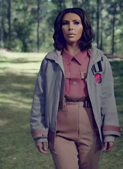 Prompt: film still of kim kardashian as Eleven in stranger things, 4