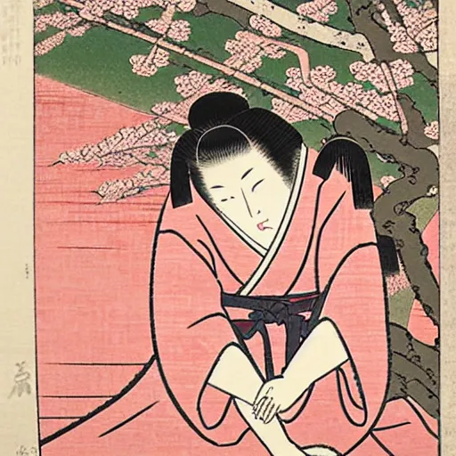 Prompt: japanese edo period woodblock print of a girl laying underneath pink blossoming cherry trees in the background