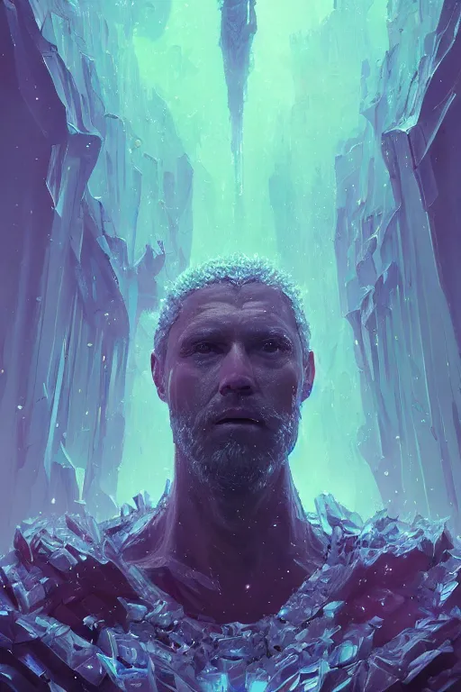 Image similar to A fancy portrait of a crystalized giant by Greg Rutkowski, beeple, Sung Choi, Mitchell Mohrhauser, Maciej Kuciara, Johnson Ting, Maxim Verehin, Peter Konig, final fantasy, macro lens, 35mm, 8k photorealistic, cinematic lighting, HD, high details, dramatic, dark atmosphere, trending on artstation