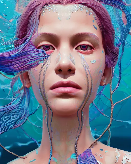 Image similar to portrait of Karol G as a mermaid. intricate abstract. intricate artwork. by Tooth Wu, wlop, beeple, dan mumford. mulholland drive by david lynch, dune by david lynch, octane render, trending on artstation, greg rutkowski very coherent symmetrical artwork. cinematic, hyper realism, high detail, octane render, 8k, iridescent accents