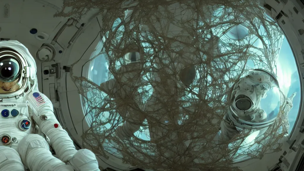 Image similar to a cybernetic symbiosis of a single astronaut eva suit with diamond 3d fractal lace iridescent bubble 3d skin covered with insectoid compound eye camera lenses floats through the living room, film still from the movie directed by Denis Villeneuve with art direction by Salvador Dalí, wide lens,