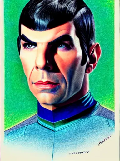 Prompt: : ZACHARY QUINTO SPOCK fanart + 70s COLORED PENCIL + art by J.C. LEYENDECKER + 4K UHD IMAGE + STUNNING QUALITY + CRAYON TEXTURE