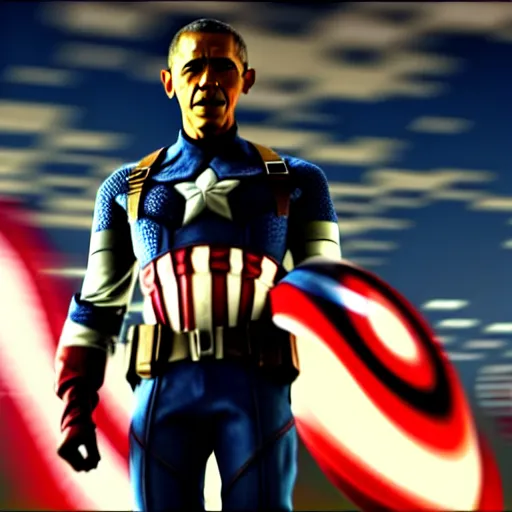 Image similar to barack obama as captain america in the avengers. movie still. cinematic lighting.