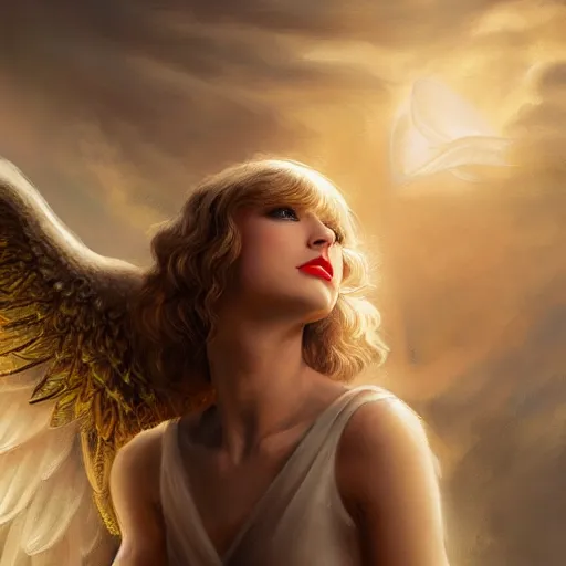 Image similar to taylor swift as a heavenlh angel showing seeds of happiness, clear face, focus, magical world, by greg rutkowski, sung choi, photo realistic, 8 k, cinematic lighting, hd, atmospheric, hyperdetailed, trending on artstation, devainart, digital painting, glow effect