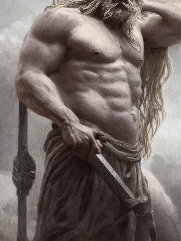 Image similar to painted portrait of rugged thor, god of thunder, norse god, white hair, masculine, mature, handsome, upper body, grey and silver, muscular, hairy torso, fantasy, intricate, muscular, elegant, highly detailed, digital painting, artstation, concept art, smooth, sharp focus, illustration, art by gaston bussiere and alphonse mucha