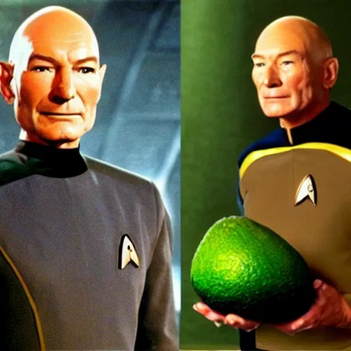 Prompt: an avocado as the captain of the enterprise in star trek the next generation, patrick stewart