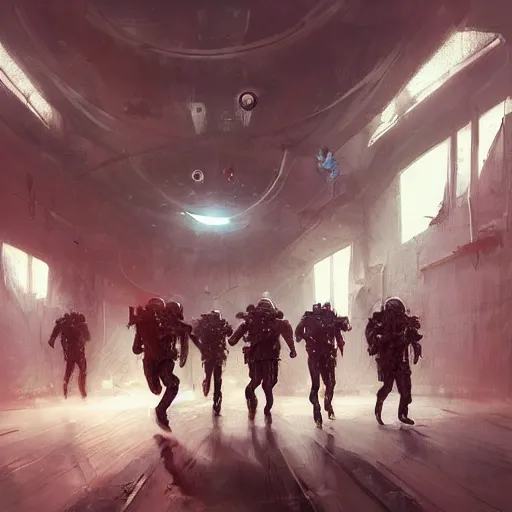 Prompt: concept art by greg rutkowski, three people running dressed in futuristic riot gear, in a claustrophobic, futuristic and brutalist environment, frightening and creepy atmosphere, scifi, highly detailed portrait, digital painting, artstation, concept art, smooth, sharp foccus ilustration, artstation hq