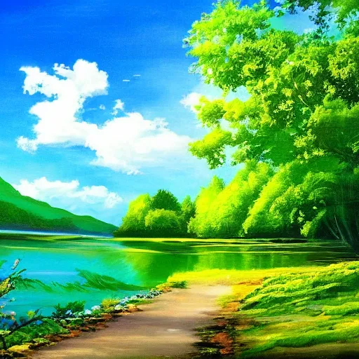 Prompt: wallpaper, beautiful scenery, painting, blue and green, dreamy sky, near a lake