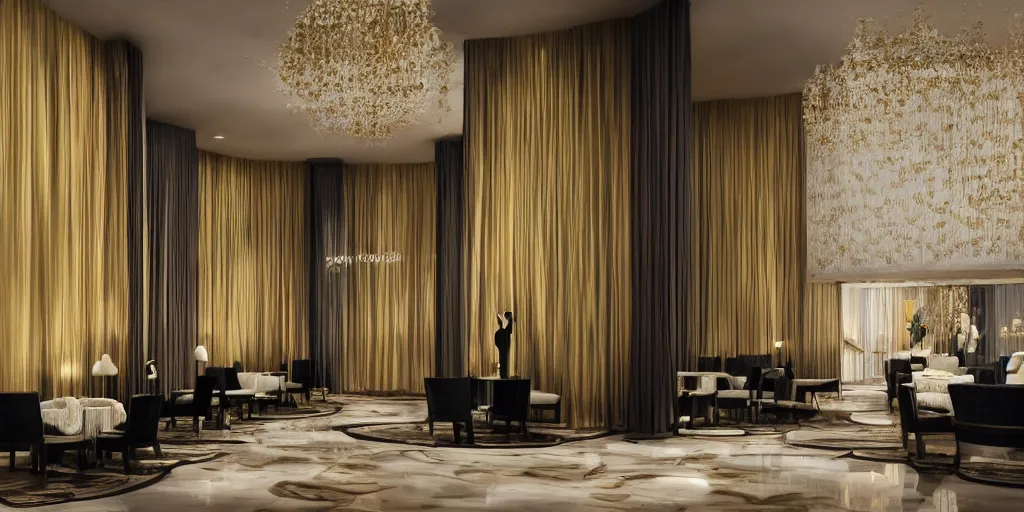Image similar to inside view of a hotel, gold black color, unreal 5, hyperrealistic, realistic, photorealistic, dynamic lighting, highly detailed, cinematic landscape, studio landscape, studio lighting