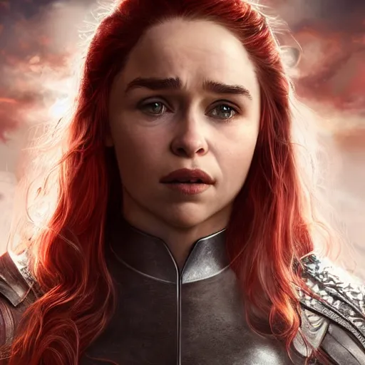 Prompt: emilia clarke, as a medieval fantasy character, with dark reddish hair, wearing light, silver armor and red clothing, tan complexion, holding a longsword, determined expression, noble, cinematic, dark, realistic, digital art, 8 k