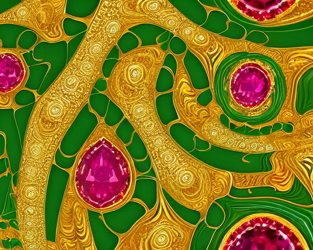 Image similar to random abstract fractal shapes ornately decorated with gold and gems, green background, studio photography, rubies, emeralds, gold, jewels,