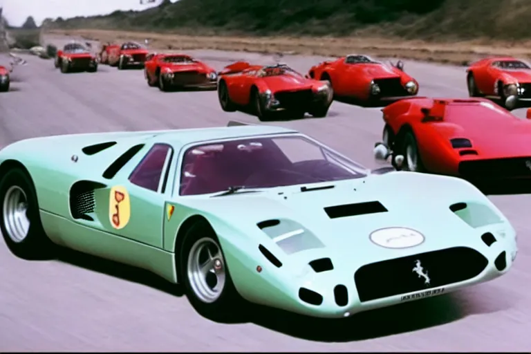 Image similar to vintage archival race footage of a single 1965 Ferrari F40, with elements of the De Tomaso Pantera, Lotus, GT40, BMW M1, and Countach, movie still, speed, cinematic Panavision 5384 film