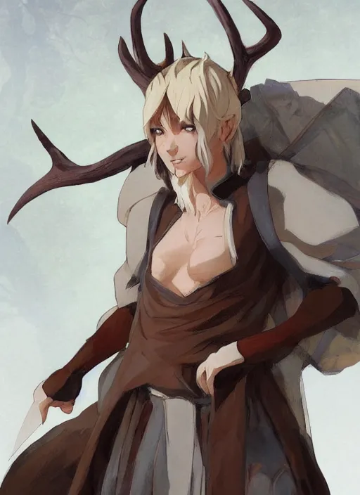 Prompt: concept art painting of a fully clothed person with brown skin and short white hair, demon horns, deer ears, blue tunic and robes, detailed, d & d style, cel shaded, in the style of ruan jia and artgerm and makoto shinkai and james gurney