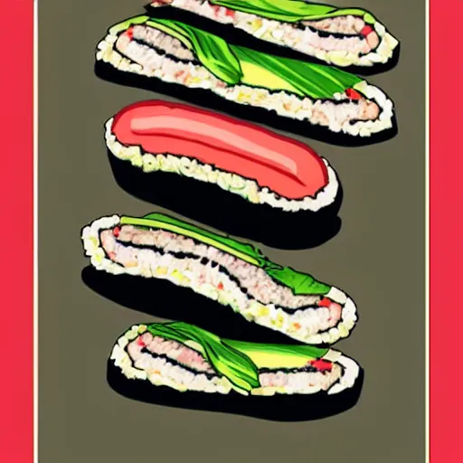 Prompt: a sleek advertisement poster for a sausage sushi, digital poster