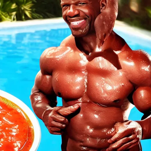 Prompt: terry crews swimming in a pool of salsa, cinematic lighting