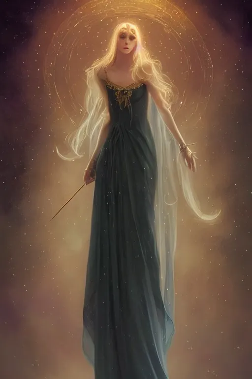 Image similar to Nocturne, glowing, stars, beautiful sly fae bohemian girl, long blonde hair, tiara, medieval gown, highly detailed, mysterious, ethereal, sigils, haute couture, illustration, dramatic lighting, soft details, painting, by Edmund Blair Leighton, Brom, Charlie Bowater, trending on artstation, faces by otto schmidt