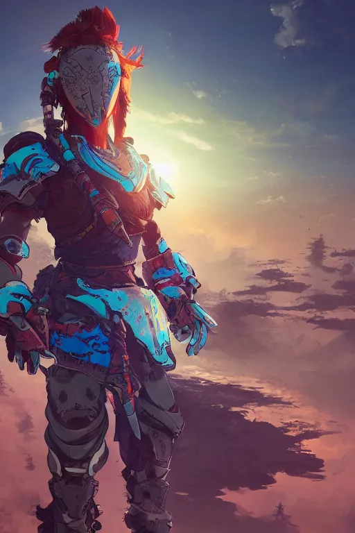 Image similar to combination suit armor aloy horizon forbidden west horizon zero dawn radiating a glowing aura global illumination ray tracing hdr fanart arstation by ian pesty and alena aenami artworks in 4 k tribal robot ninja mask helmet backpack