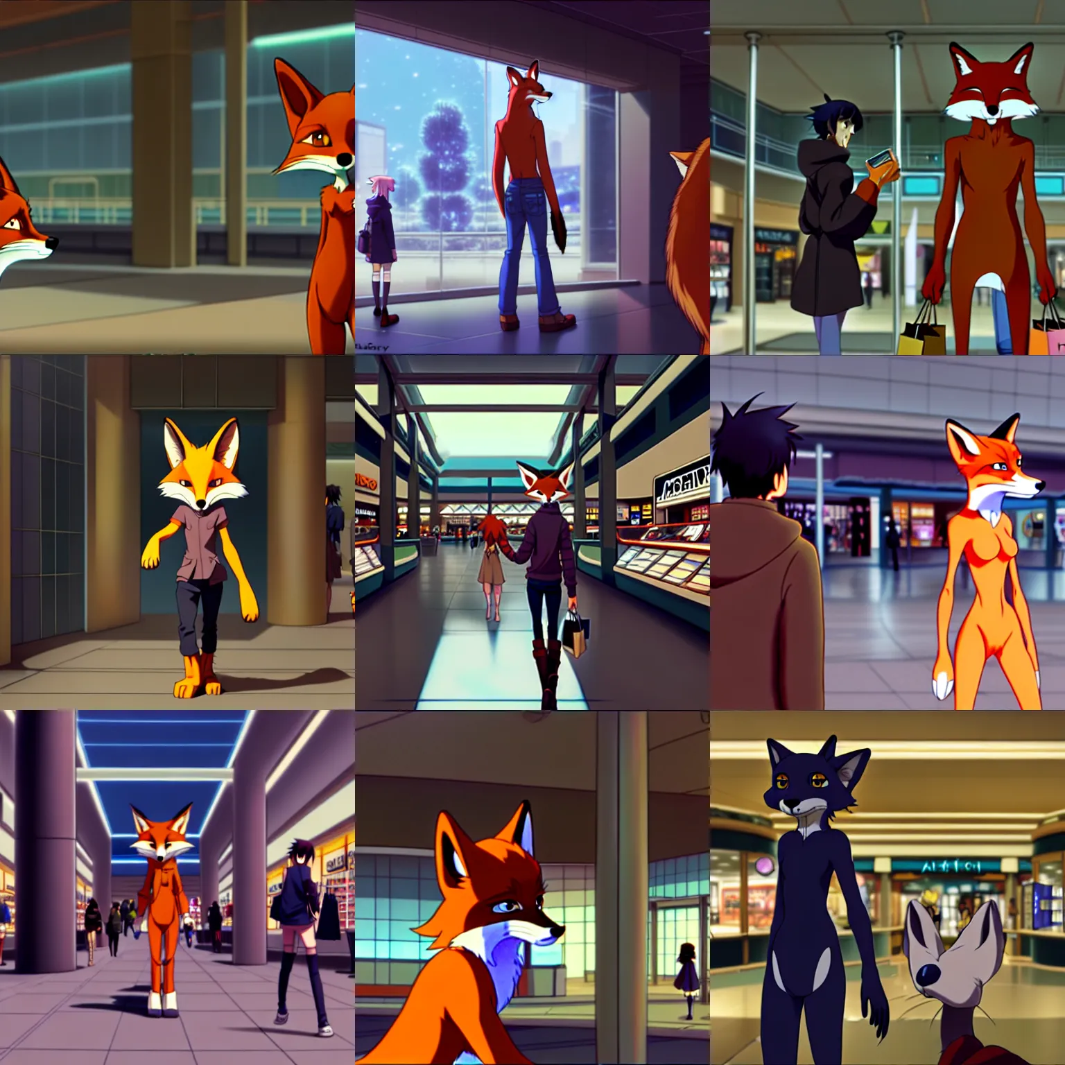 Prompt: an anthropomorphic furry ( fox ) shopping at a futuristic mall, photorealistic, anime, makoto shinkai, james gurney, don bluth, hibbary, dark natasha, goldenwolf, furaffinity