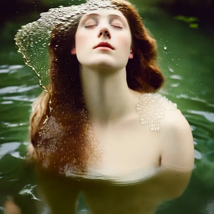 Image similar to Kodak Portra 400, 8K, soft light, volumetric lighting, highly detailed, britt marling style 3/4 ,portrait photo of a beautiful woman how pre-Raphaelites painter, the face emerges from the water of a pond with water lilies, half face and hair are immersed in water, a beautiful lace dress and hair are intricate with highly detailed realistic beautiful flowers , Realistic, Refined, Highly Detailed, natural outdoor soft pastel lighting colors scheme, outdoor fine art photography, Hyper realistic, photo realistic