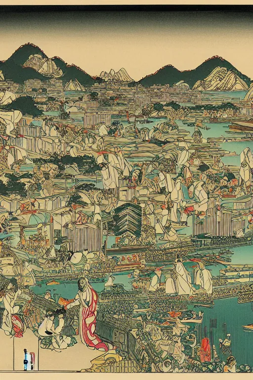 Prompt: An illustration of a famous view of Rio de Janeiro in the style of Utagawa Kunisada in high resolution.