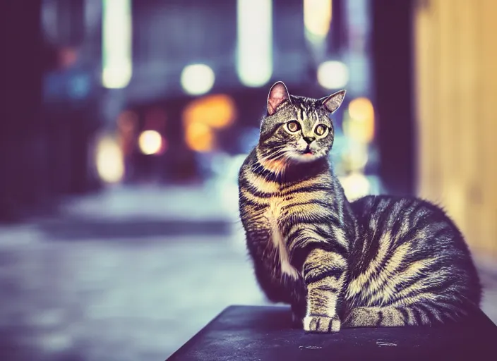 Image similar to photography of a Cat sitting on a box. in a cyberpunk street, award winning photo, colors, 100mm, sharp, high res