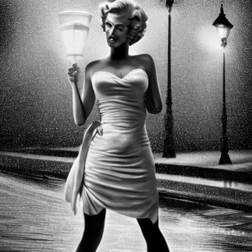 Prompt: marlin monroe leaning against a lamppost in the pouring rain, hyper realism, beautiful figure, photography