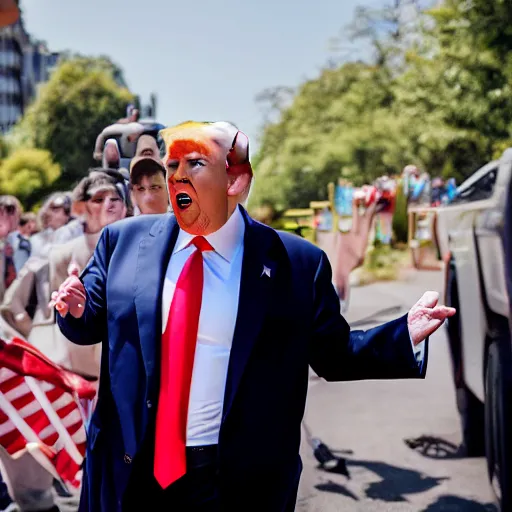 Image similar to Donald Trump being chased by a sentient humanoid sausage, Canon EOS R3, f/1.4, ISO 200, 1/160s, 8K, RAW, unedited, symmetrical balance, in-frame