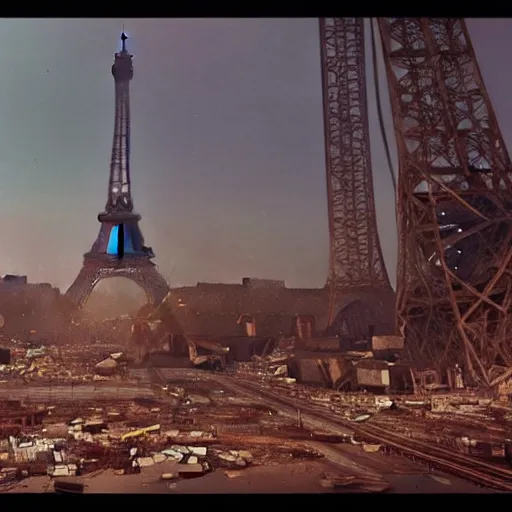 Image similar to A beautiful intricate 8K award-winning ground-level cinematic movie photograph of the future rusting rubble of the fallen and decimated Eiffel Tower, lying in pieces on the ground, surrounded by neon and collapsing corporate video billboard displays. in the year 2050, by Bruno Delbonnel and greg rutkowski. octane render, Arri Alexa 65. Cinematic lighting