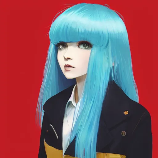 Prompt: ilya kuvshinov with long sky blue hair, gold eyes, amber eyes, boyish face, professional digital painting, concept art, award - winning photography, cinematic, brick wall background, fur scarf, crazy, yandere, wlop, color block, pop, hip, art by andy warhol, pixiv art, yoshitaka amano