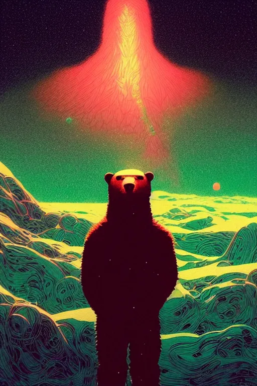 Prompt: humanoid polar bear looking at the stars on a distant planet, by victo ngai, kilian eng vibrant colours, dynamic lighting, digital art, winning award masterpiece, fantastically beautiful, illustration, aesthetically inspired by beksinski and dan mumford, trending on artstation, art by greg rutkowski, 8 k