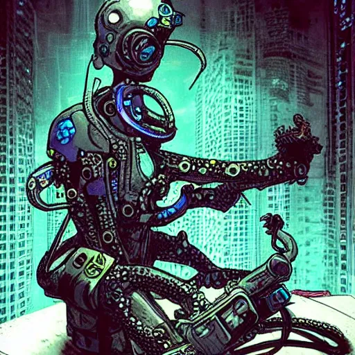 Image similar to a cyberpunk octopus, in the style of Ashley Wood and Moebius