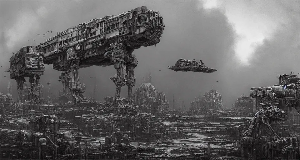 Prompt: a beautiful hyperrealistic ultradetailed matte painting of a dieselpunk AT-AT mech, by James Stokoe and harry clarke and Zdzisław Beksiński and Jakub Rozalski and HR Giger:3.00, skulls and gas masks, dark, realistic, black smoke, oil, machine parts, dystopian, insane details, intricate, mecha, embers, trending on artstation, micro details, HD wallpaper, 8k